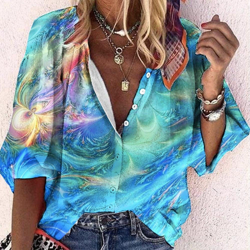 3D Floral-print Long-sleeve Top Fashionable V-neck Blouse For Women