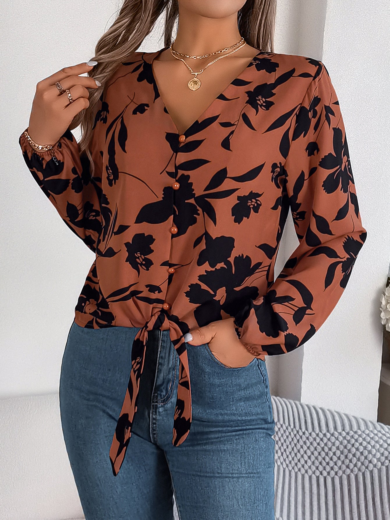 Floral Lantern-sleeve Lace-up Chiffon Blouse Top