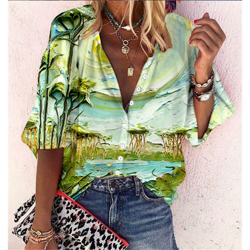 3D Floral-print Long-sleeve Top Fashionable V-neck Blouse For Women
