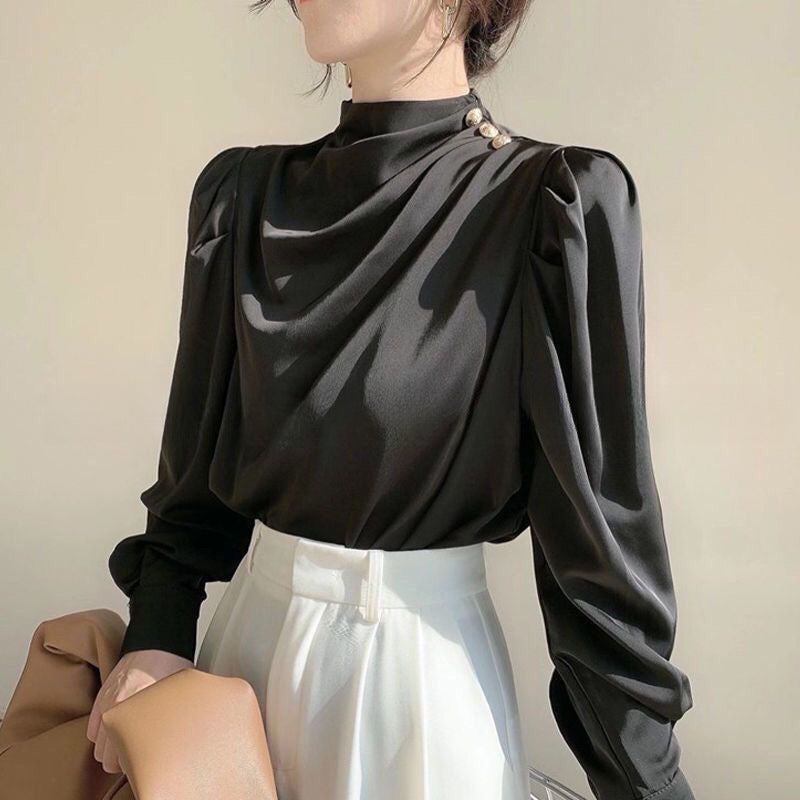 Retro Hong Kong-Style Shirt With A Designer Touch Satin Acetate Professional Top For Autumn