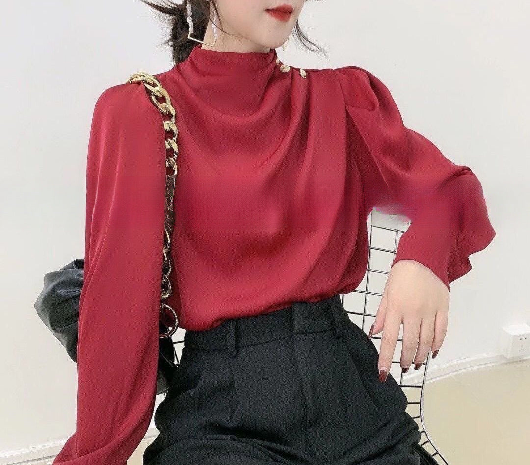 Retro Hong Kong-Style Shirt With A Designer Touch Satin Acetate Professional Top For Autumn