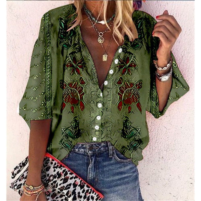 3D Floral-print Long-sleeve Top Fashionable V-neck Blouse For Women