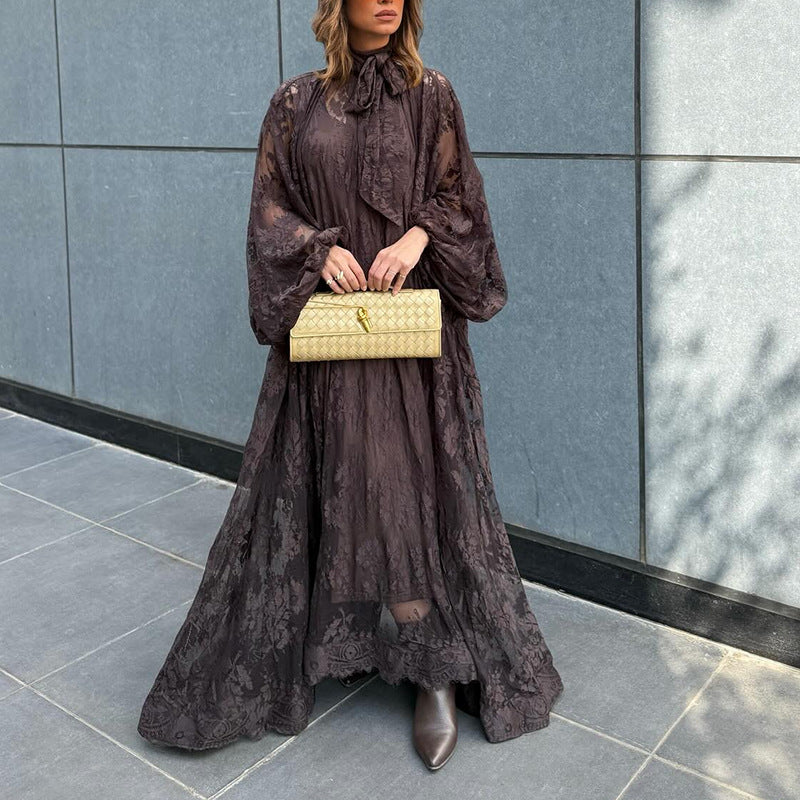 Embroidered Heavy-duty Long-sleeve Loose Ruffle Dress