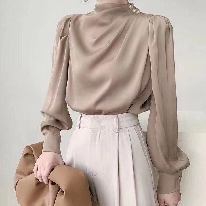 Retro Hong Kong-Style Shirt With A Designer Touch Satin Acetate Professional Top For Autumn