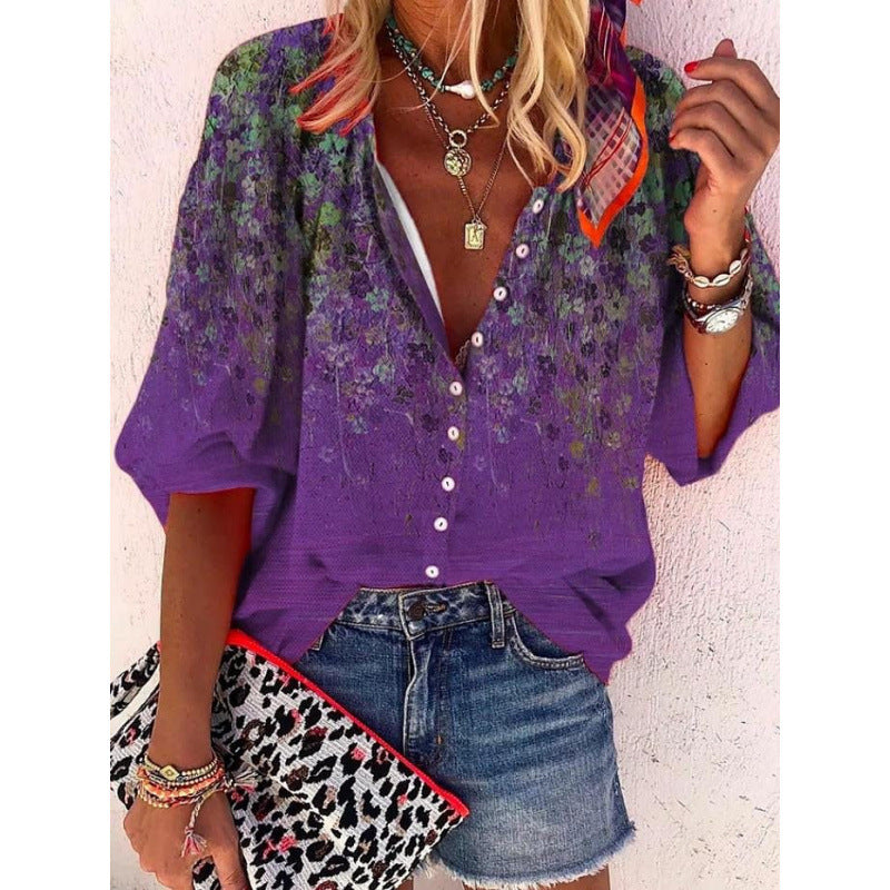 3D Floral-print Long-sleeve Top Fashionable V-neck Blouse For Women